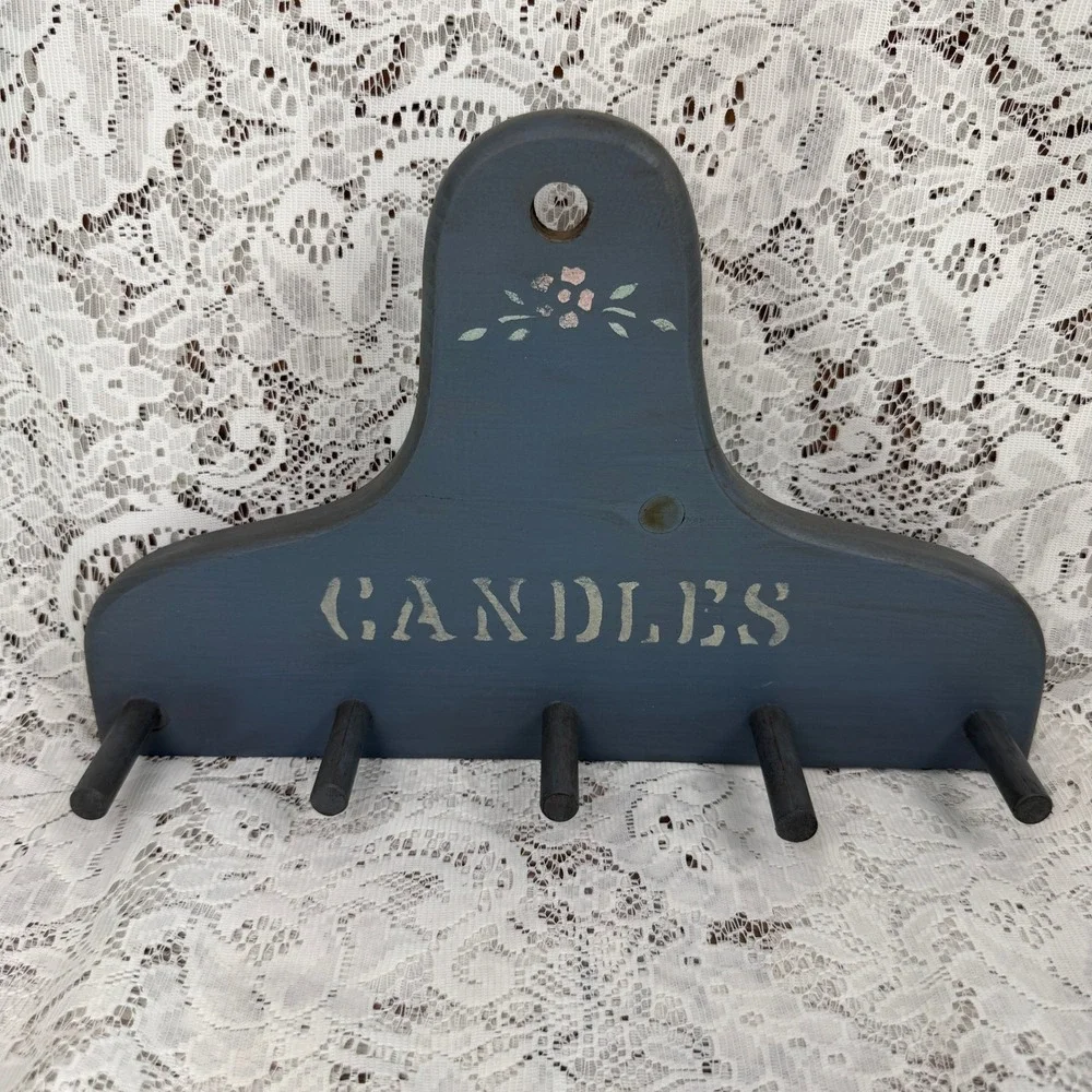 Vintage Primitive Blue Wooden Candle Drying Rack Wall Decor 5 Pegs Shaker Style